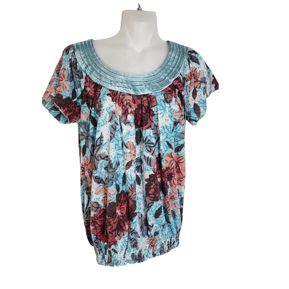American Rag Cie Women Blouse Top Small Multi Floral Elastic Hem Pullover Keyhol - Picture 1 of 10